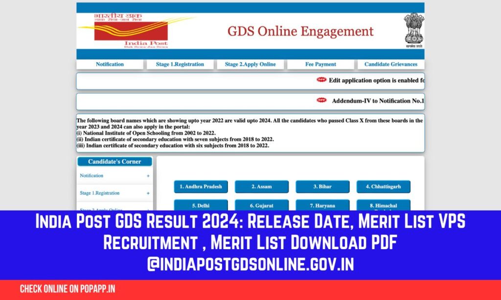 India Post GDS Result 2024: Release Date, Merit List VPS Recruitment , Merit List Download PDF @indiapostgdsonline.gov.in